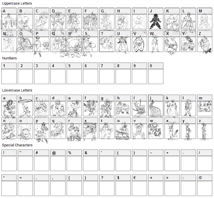 Dragon Ball Font Character Map