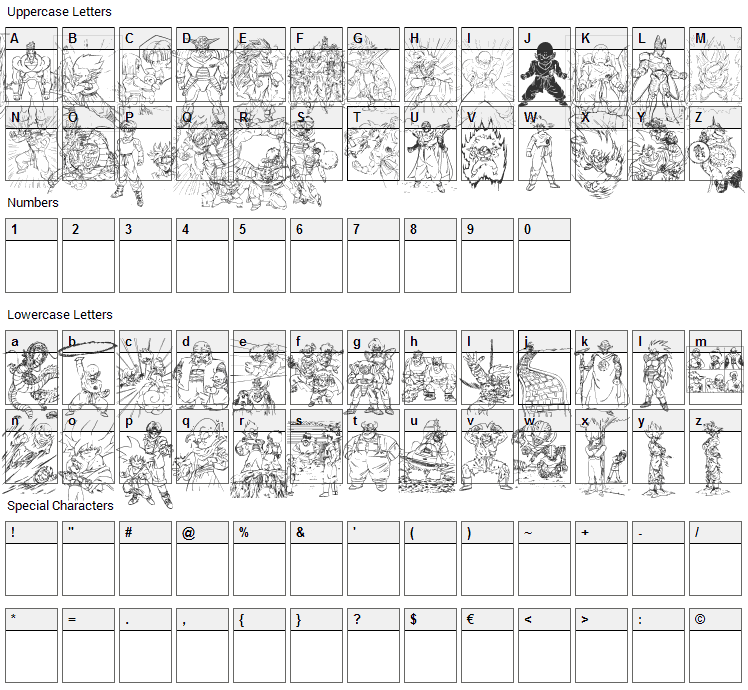 Dragon Ball Font Character Map