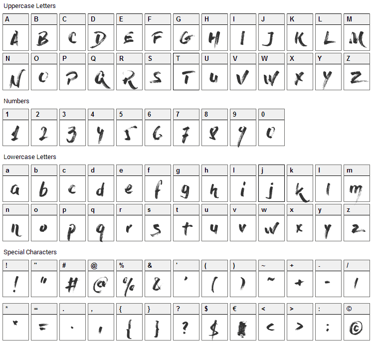 Dry Brush Font Character Map