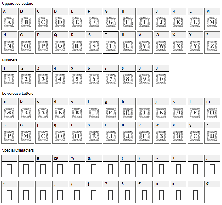 DS Initials Font Character Map