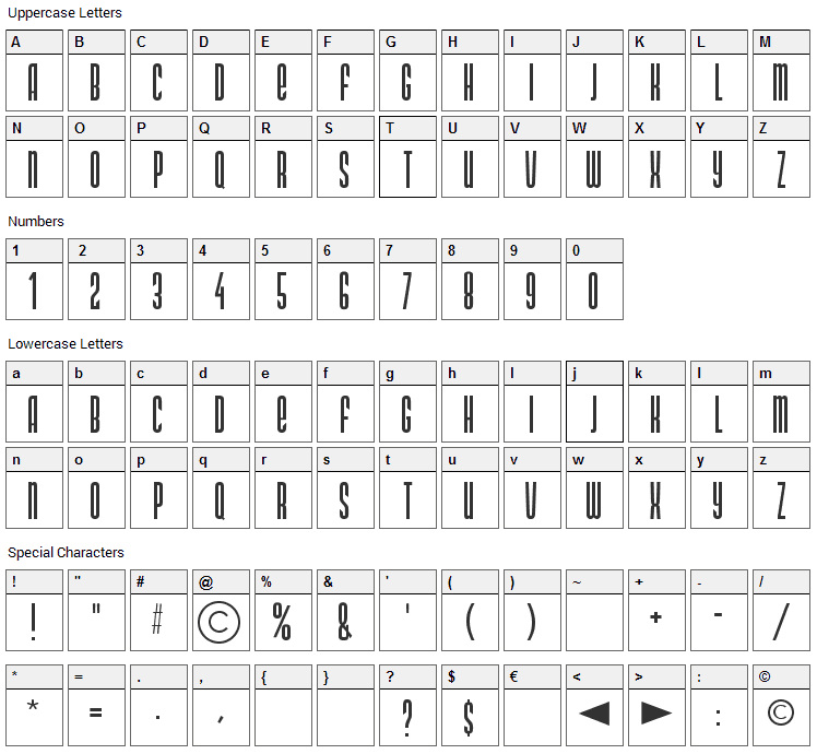 DS Narrow Font Character Map