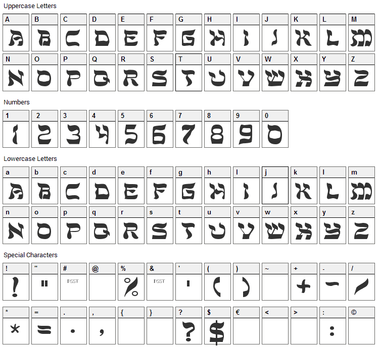 DS Sholom Font Character Map