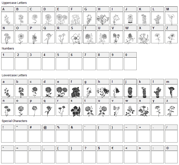 DT Flowers Font Character Map