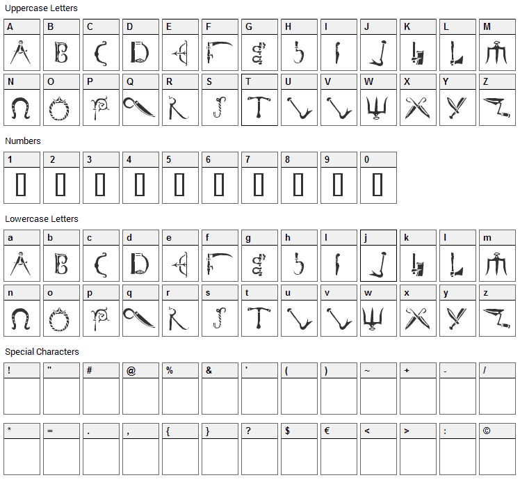 Duerer Everyday Tools Font Character Map