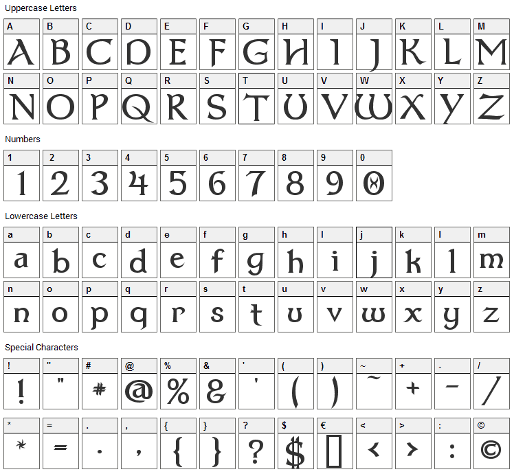 Dumbledor Font Character Map