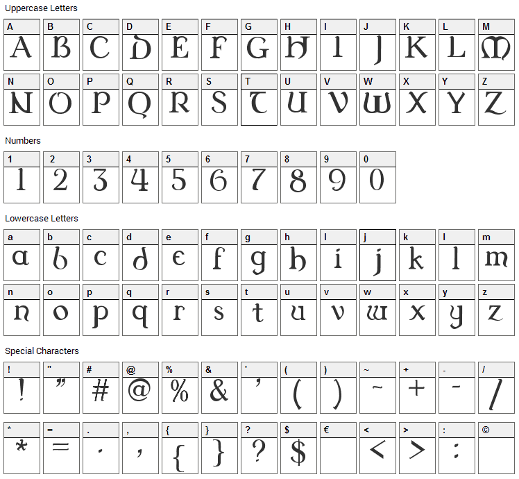 Dungeon SN Font Character Map