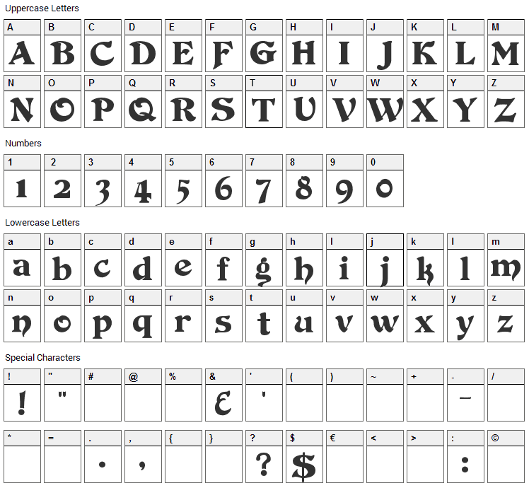 Duvall Font Character Map