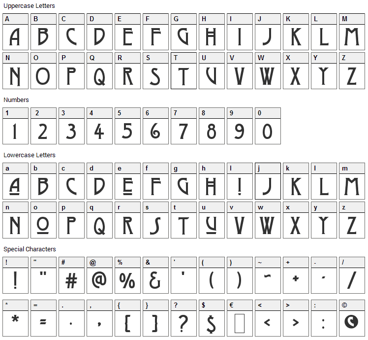 Dyer Arts and Crafts Font Character Map