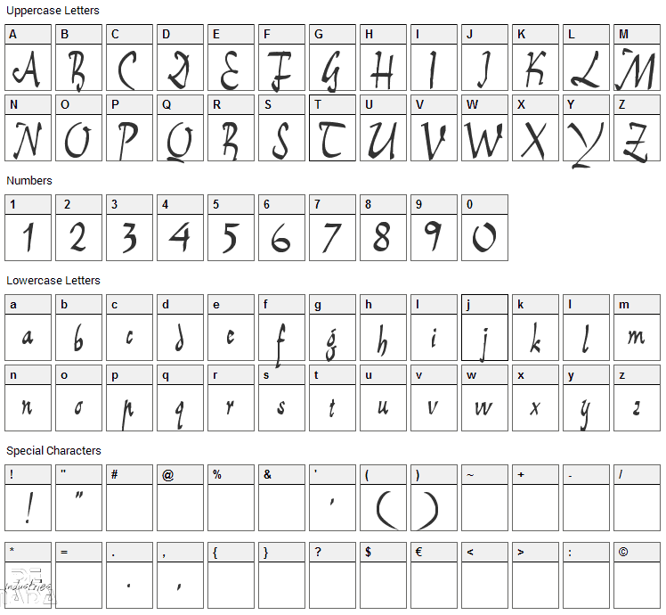 E-Brant Script Font Character Map