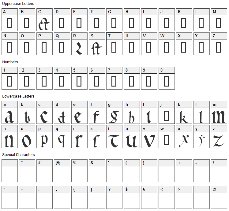 Early Gothic Font Character Map