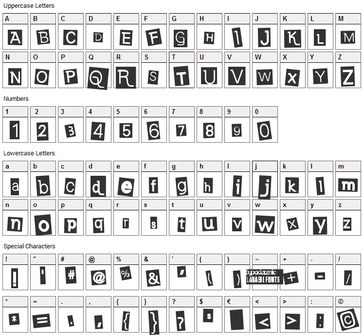 Earwig Factory Font Character Map