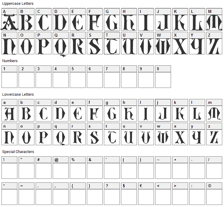 Easy Lombardic Two Font Character Map