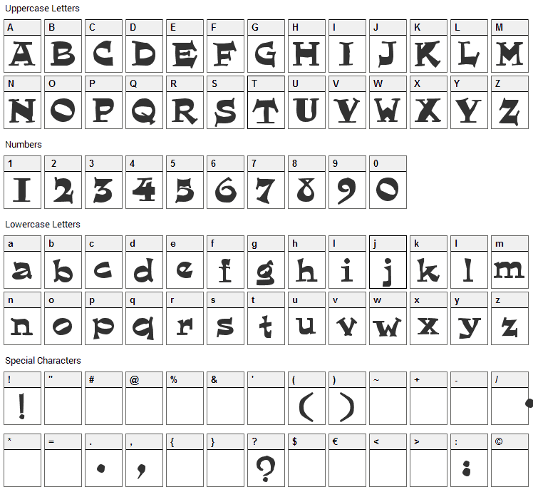 Eglantine Font Character Map