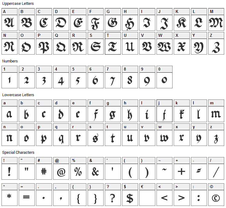 Ehmcke Federfraktur Font Character Map