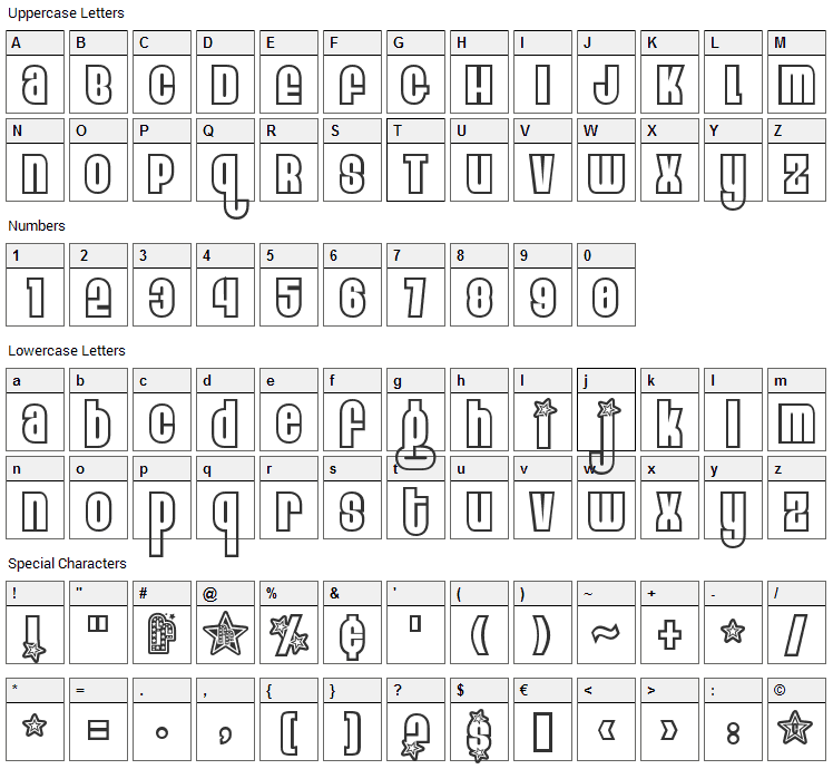 Eight Track Font Character Map