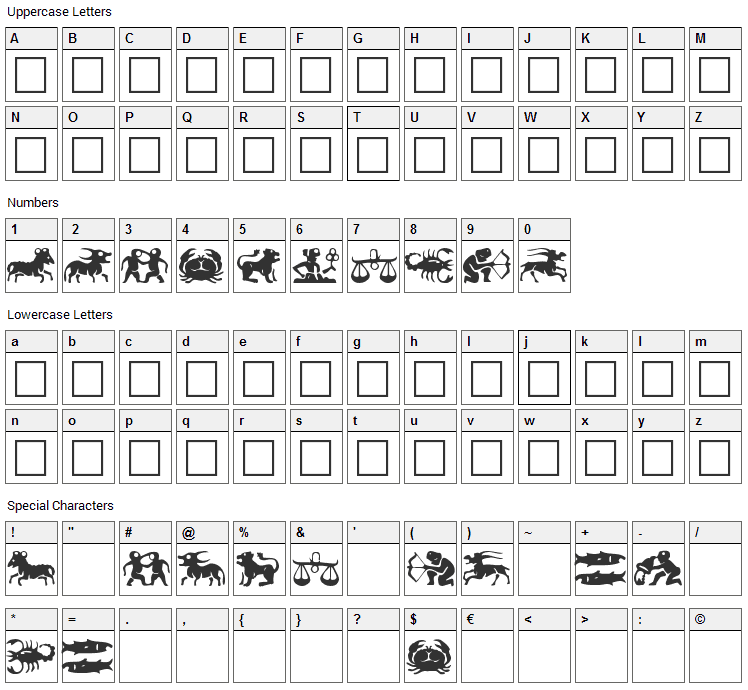 Eileens Medium Zodiac Font Character Map