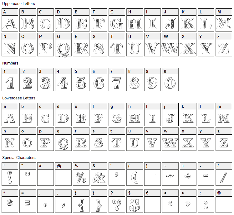 Eingraviert Beveled Font Character Map