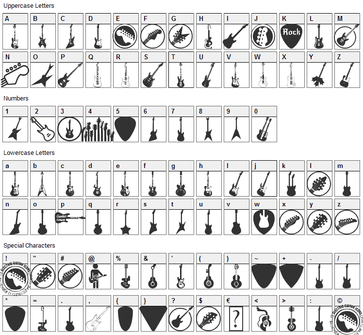 Electric Guitar Icons Font Character Map