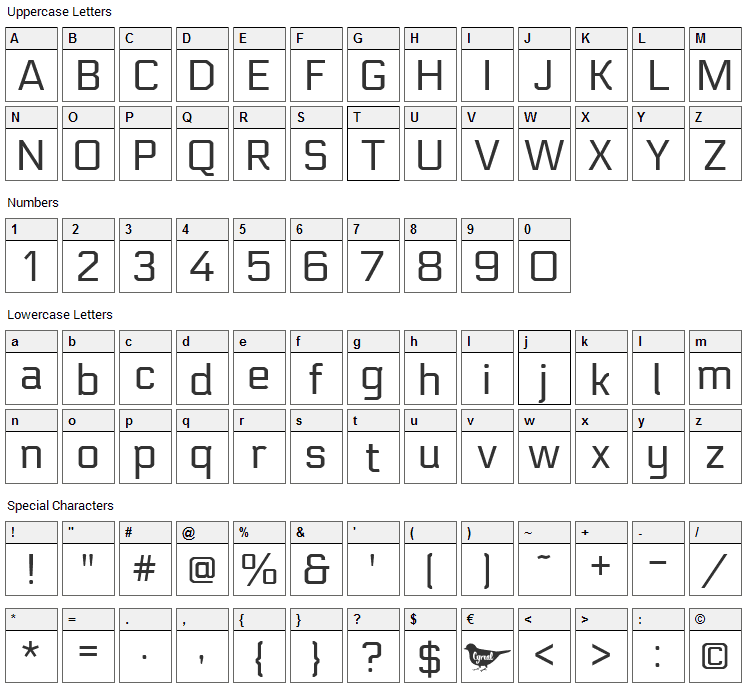 Electrolize Font Character Map