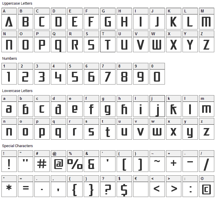 Electrotome Font Character Map