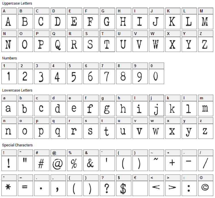 Elegant Typewriter Font Character Map