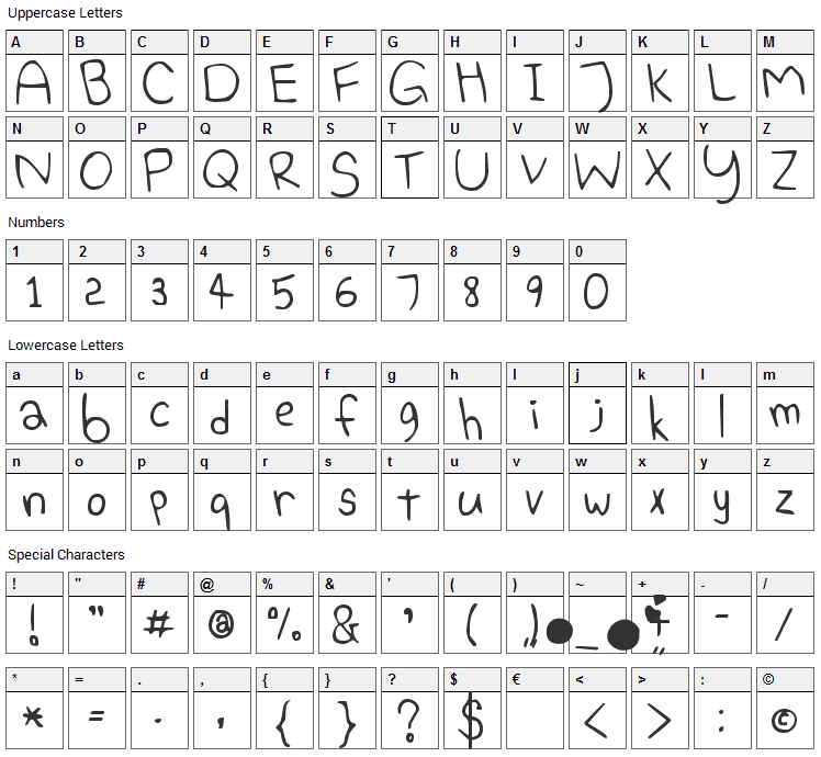 Elephant Hiccups Font Character Map