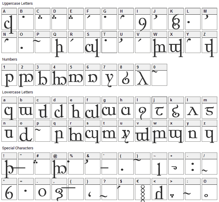 Elfic Caslin Font Character Map