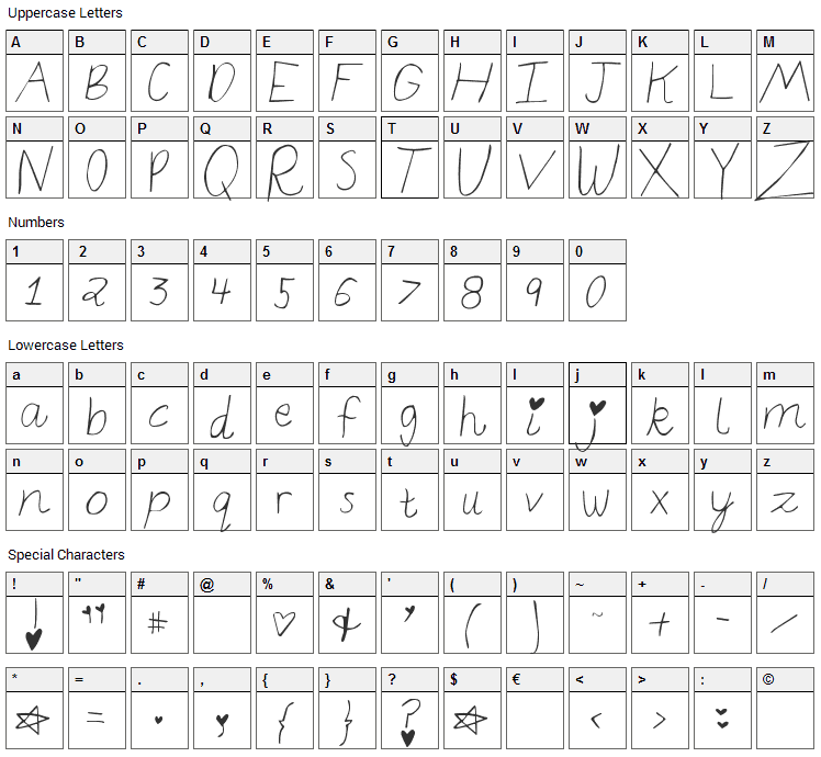 Elizajane Font Character Map