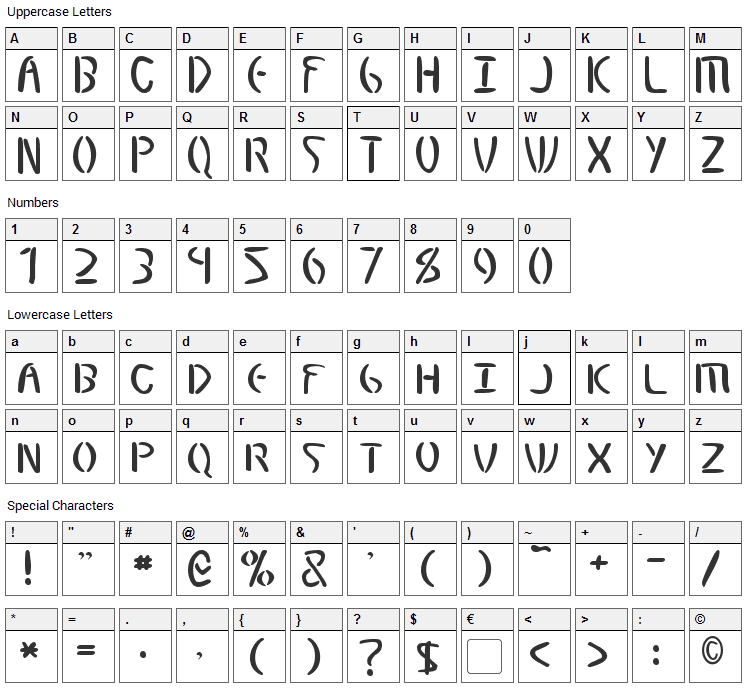 Elminster Font Character Map