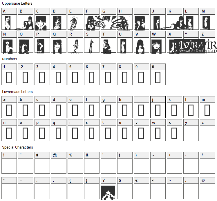 Elvira Dingbats Font Character Map