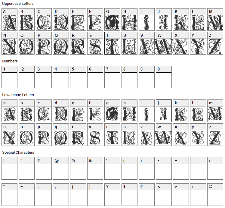 Elzevier Font Character Map