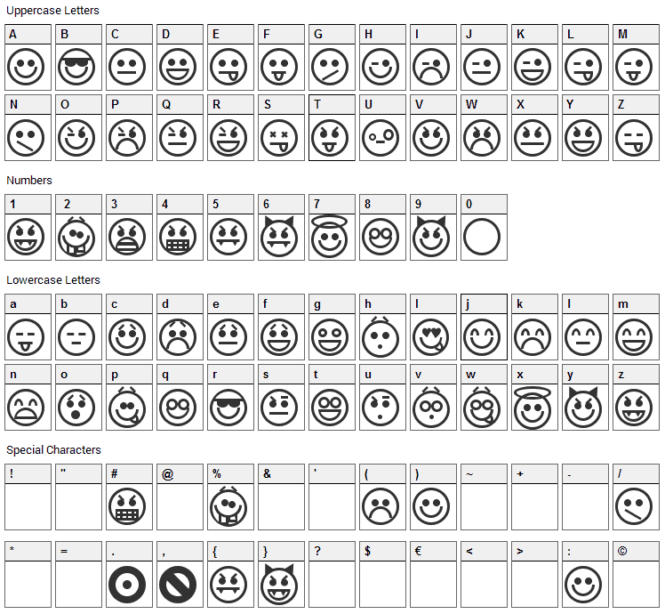 Emoticons Font Character Map