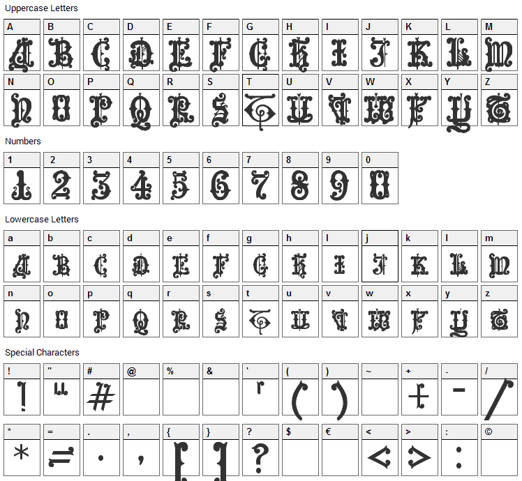 Enchiridion Font Character Map