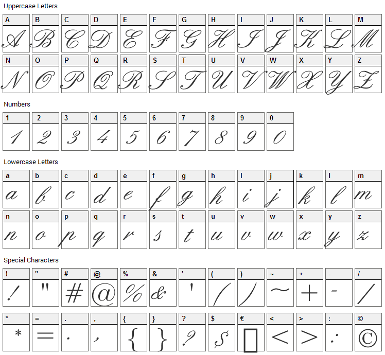 English Font Character Map