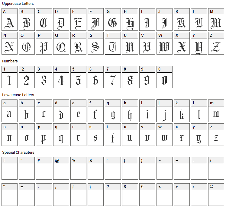 English Gothic 17th Century Font Character Map