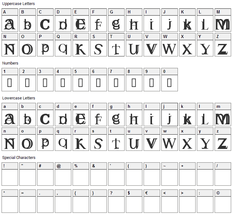 English Gothic Font Character Map