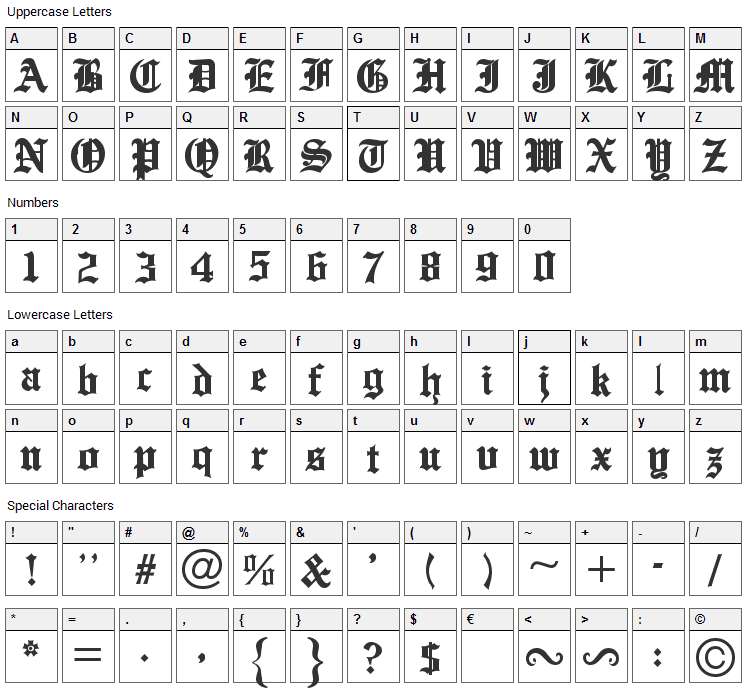 English Towne Font Character Map