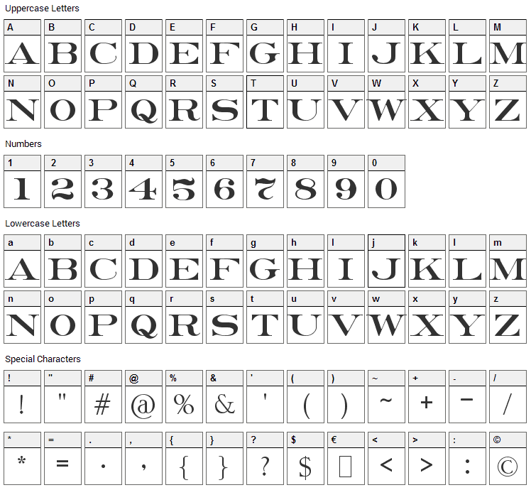 Erie Roman Font Character Map