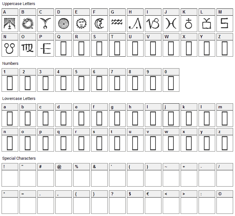 Essene Dingbats Font Character Map