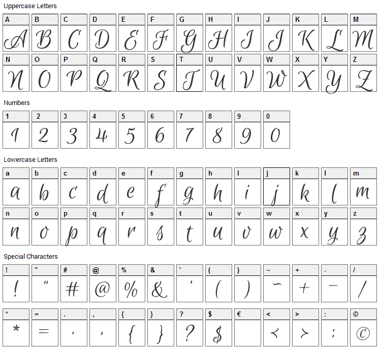 Euphoria Script Font Character Map