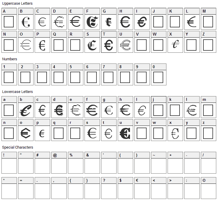 Euro Collection Font Character Map