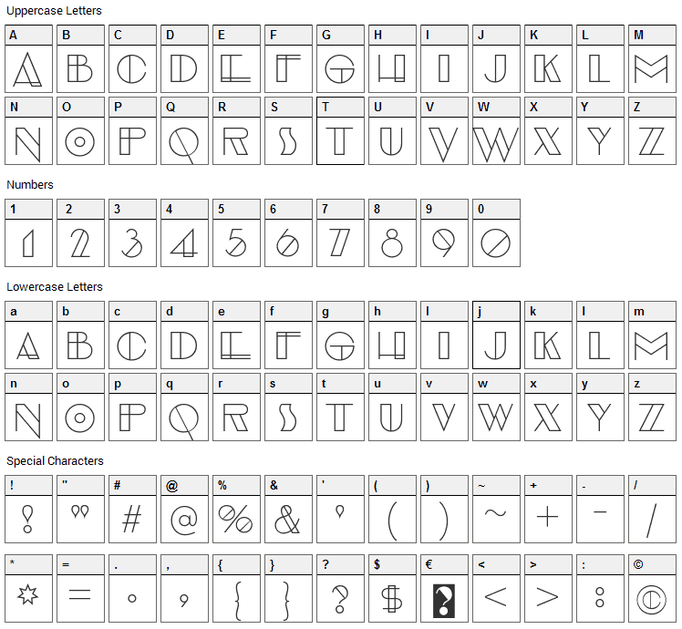 Evensong Font Character Map