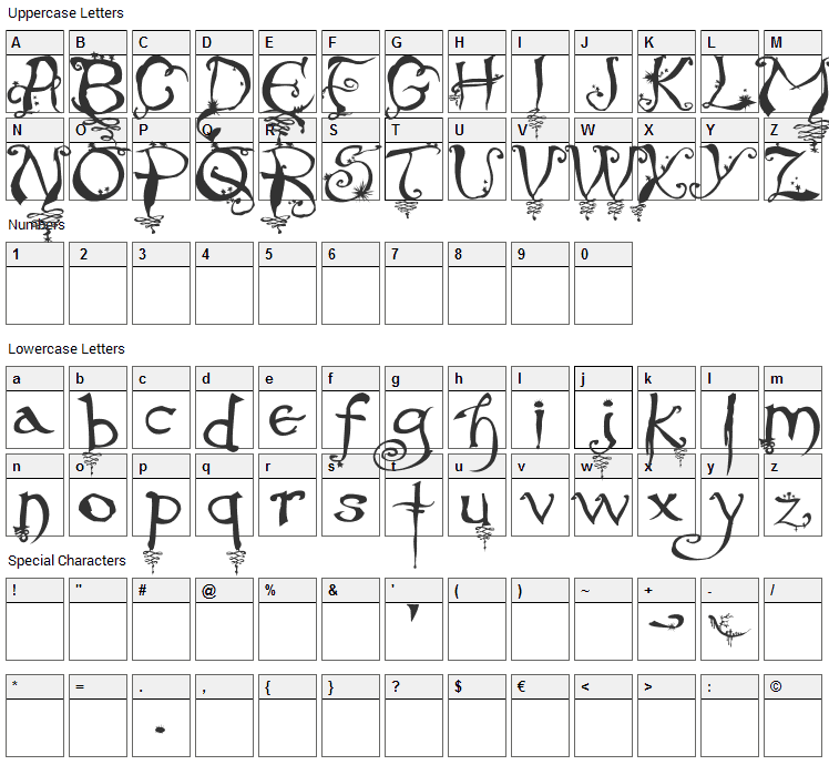 Evernight Font Character Map