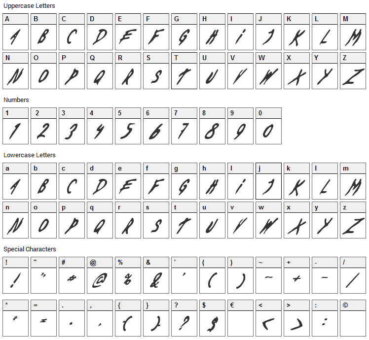 Evil Deas by Dawn US Font Character Map