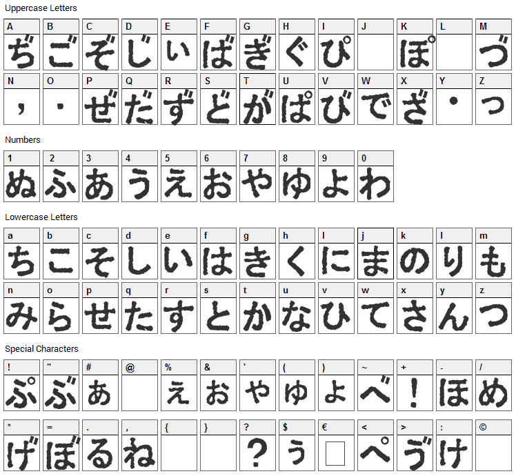 Ex Hira Font Character Map