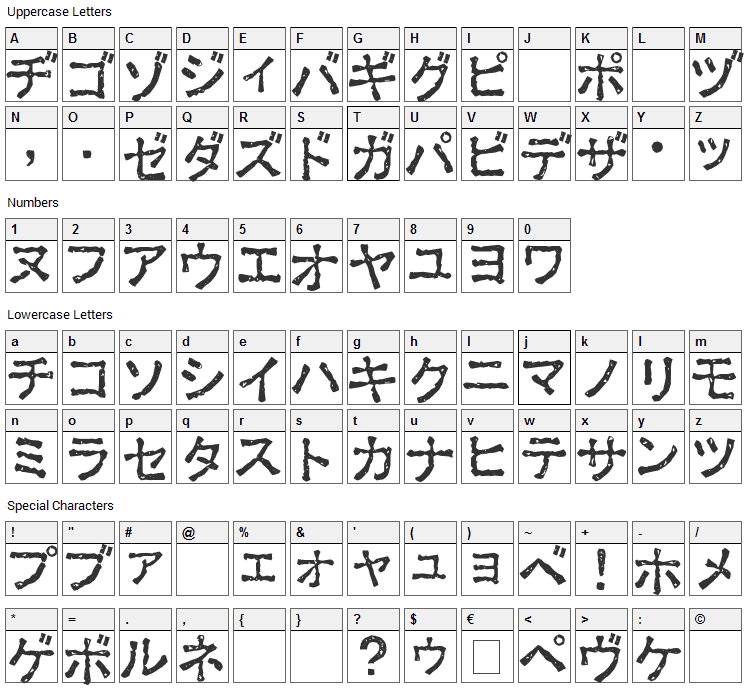 Ex Kata Font Character Map