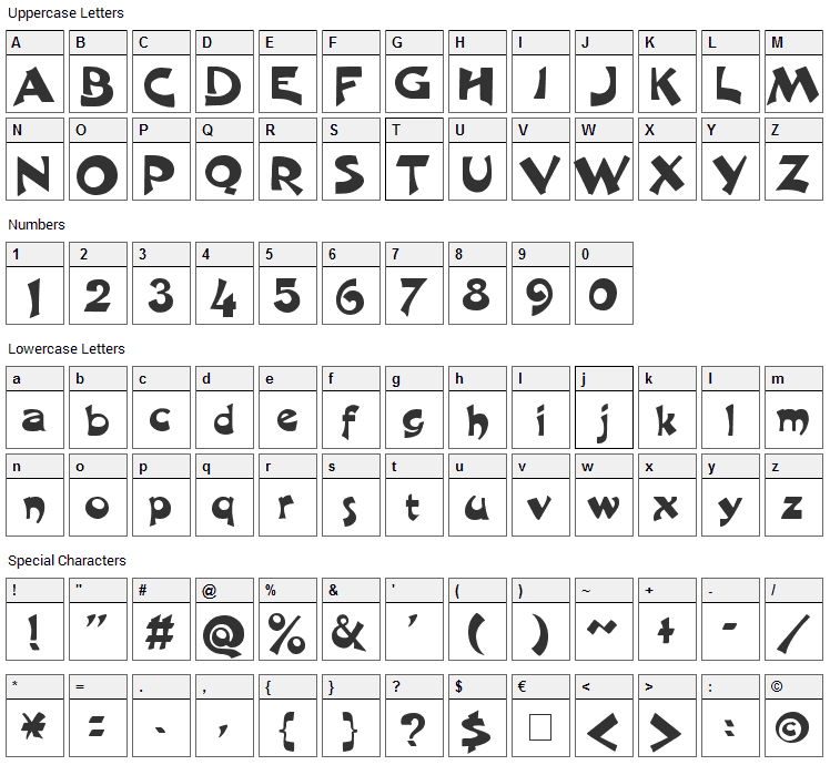 Excalibur Font Character Map