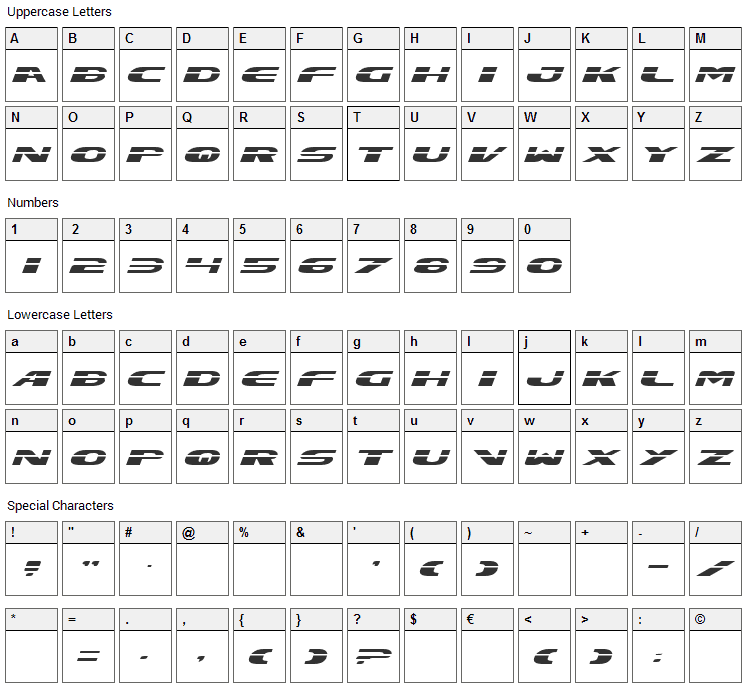 Excelerate Font Character Map