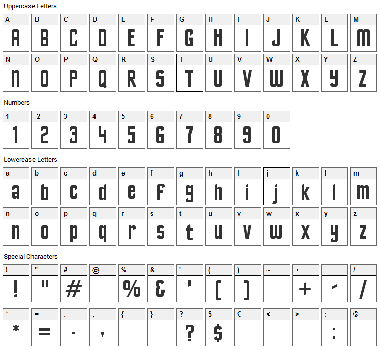 Excelsior Sans Font Character Map