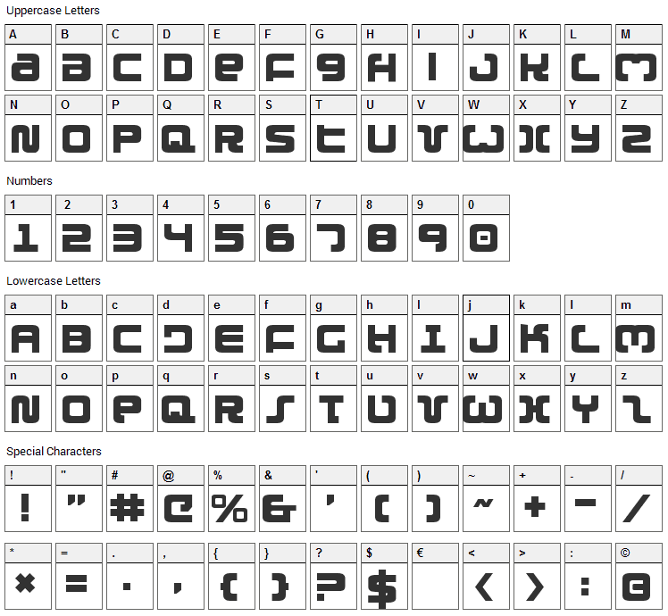 Exedore Font Character Map